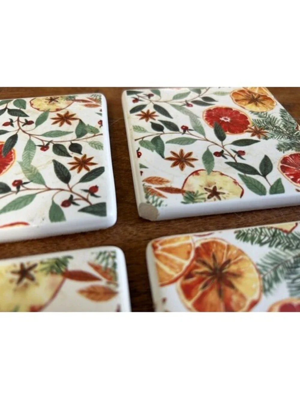Set of 4 Ceramic Coasters with Citrus and Botanical Design